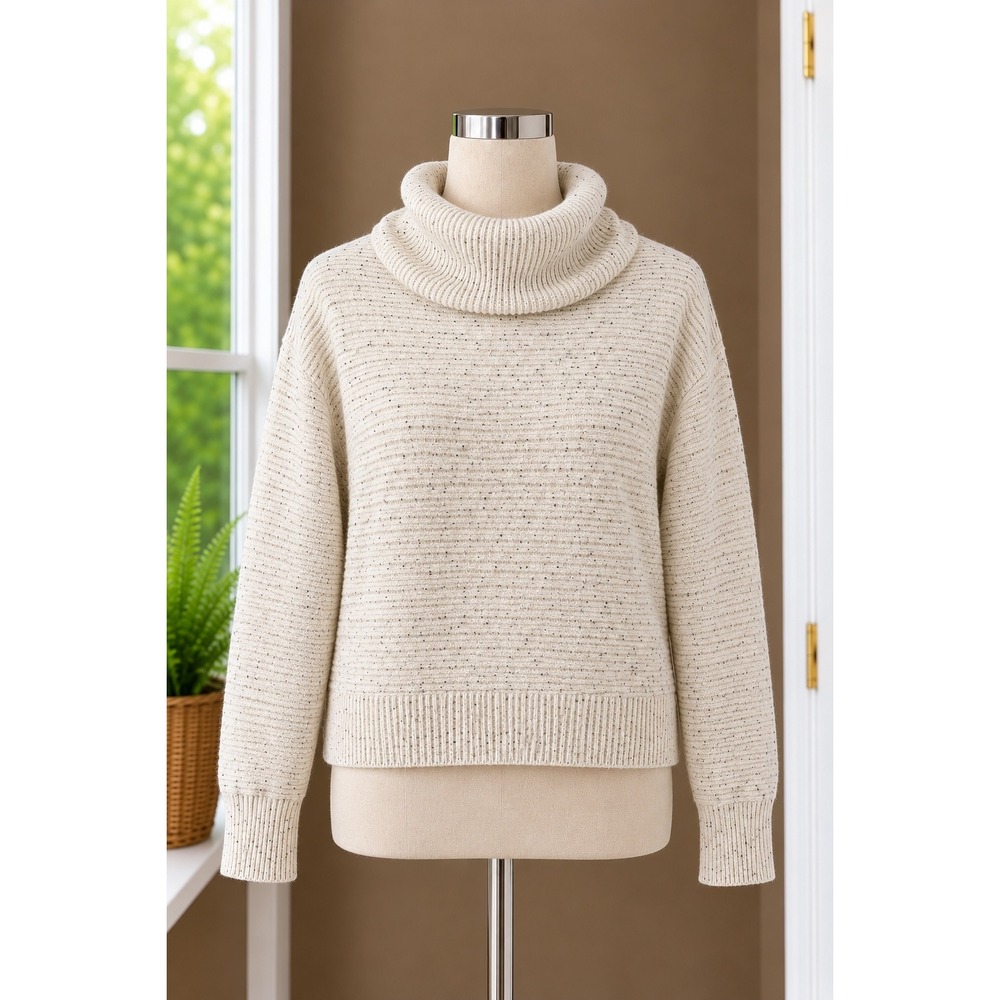 Loft Womens Cowl Neck Speckled Marled Knit Ribbed Sweater Cream Size Medium